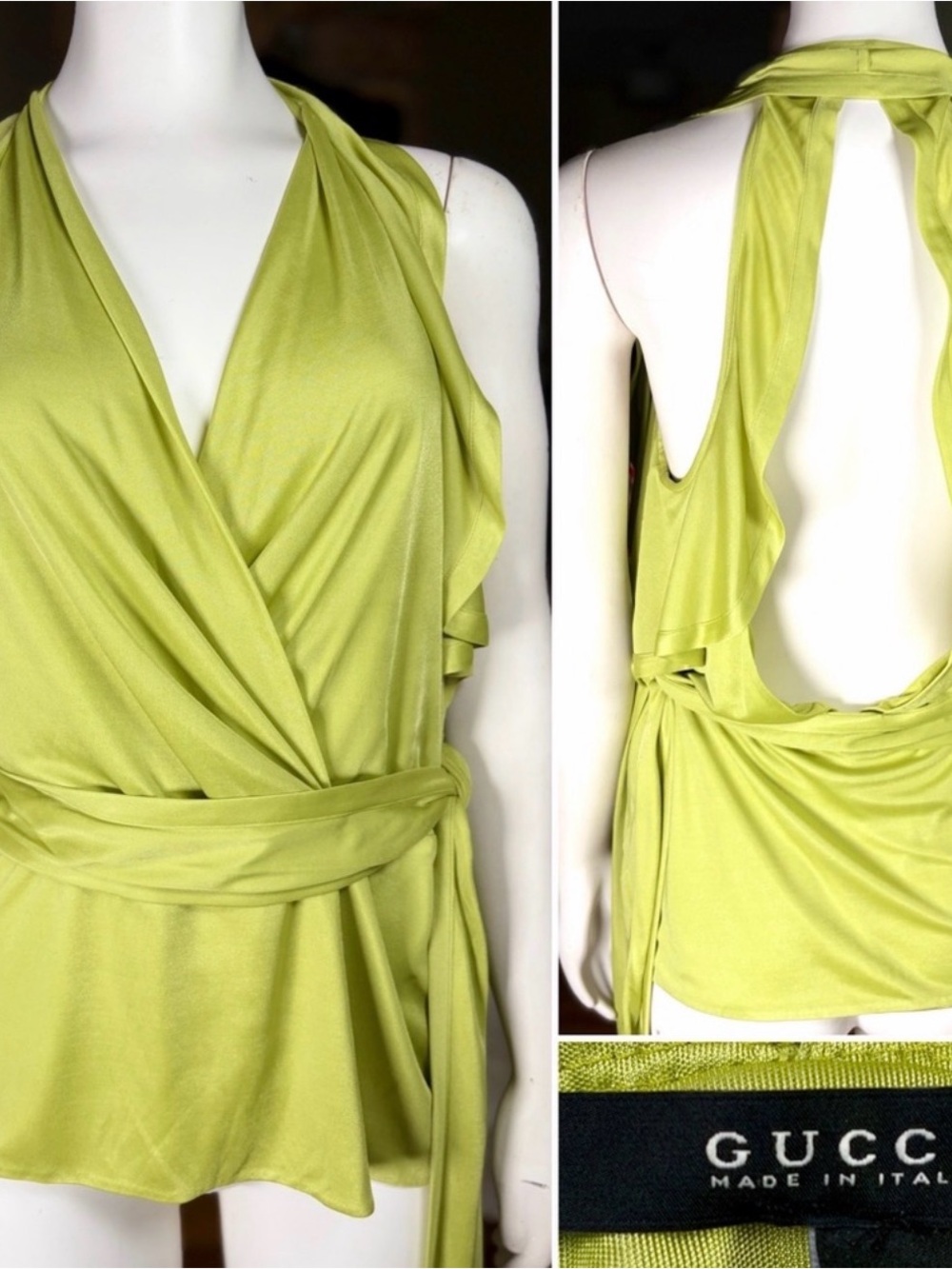 Gucci Lime Green Draped Halter Wrap Blouse / top. Size 40     OBO
